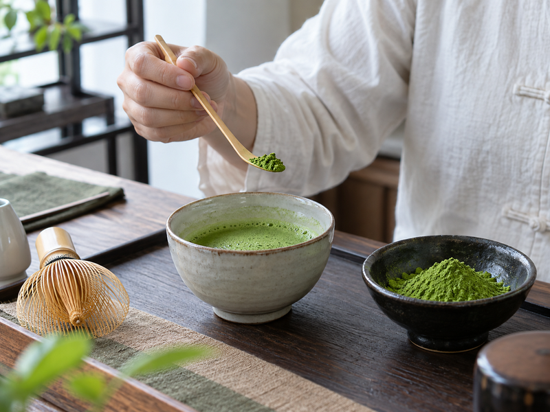 Evaluator tastes matcha beside a whisked cup and bowl of powder