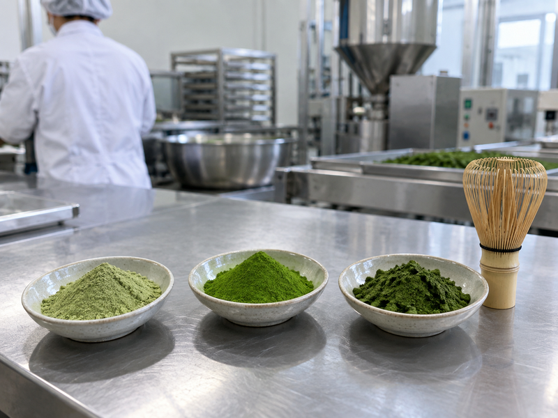 Three matcha powders of different green shades on a factory workbench