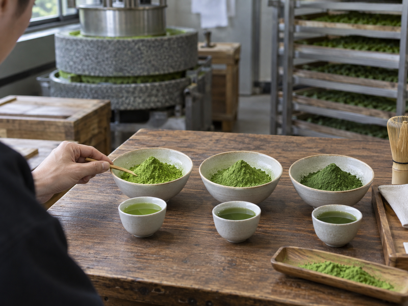 Buyer compares three matcha powder samples with prepared tasting cups