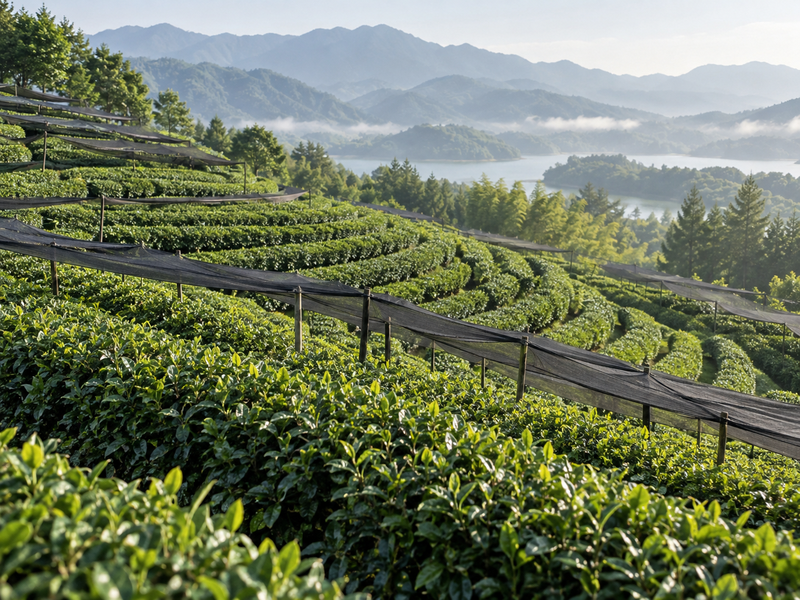Shaded tea bushes on green hills near Hangzhou