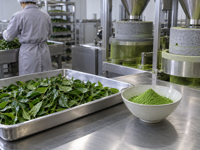 Tea leaves and ground matcha beside milling equipment in a Chinese factory