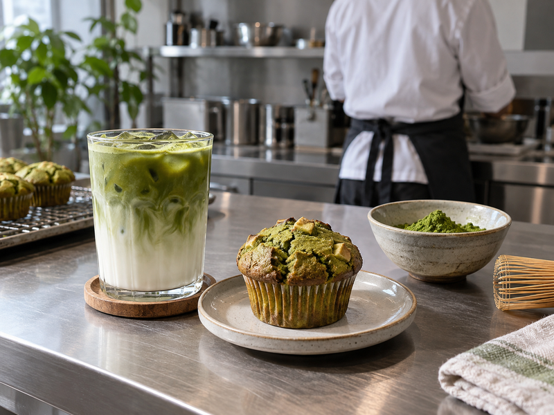 Iced matcha latte and matcha muffin tested in a food kitchen