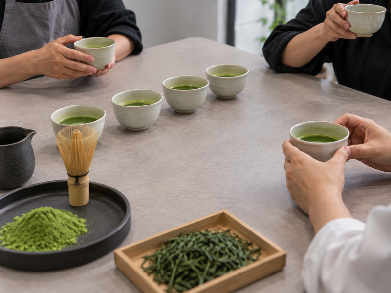 Tea evaluators taste matching cups of matcha around a sample table