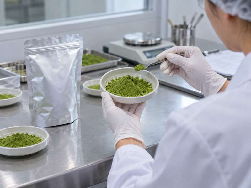 Quality technician inspects matcha powder beside a sealed sample pouch