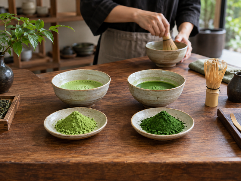 Two matcha powders and their prepared cups compared side by side