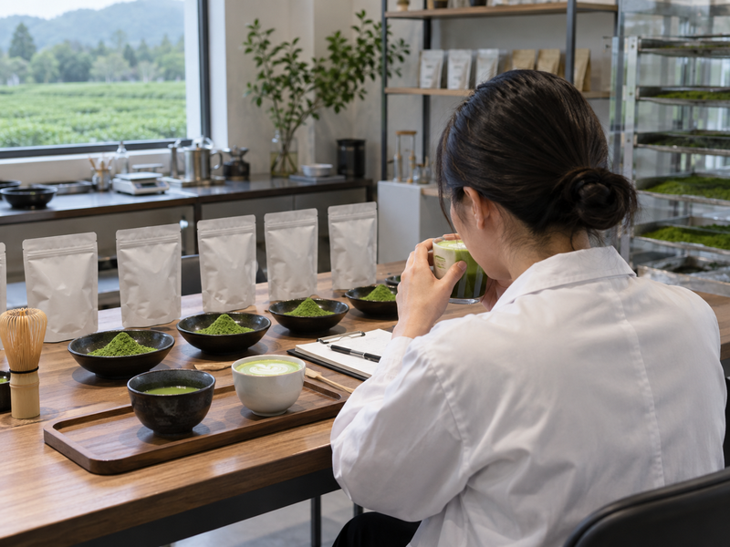 Product developer tastes matcha among sample pouches and powder bowls