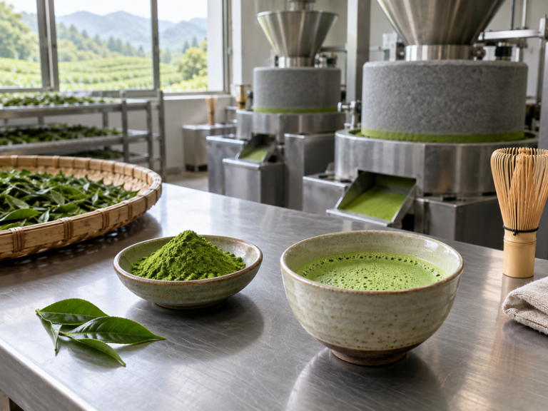 Bowl of matcha powder and whisked tea in a Chinese tea milling room