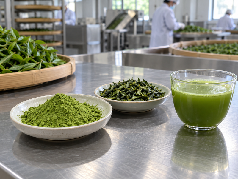Matcha powder, processed tea leaves and a cup of matcha on a factory worktable