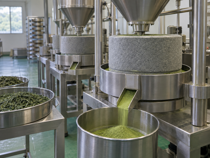 Stone mill dispensing fine matcha powder into a clean metal vessel