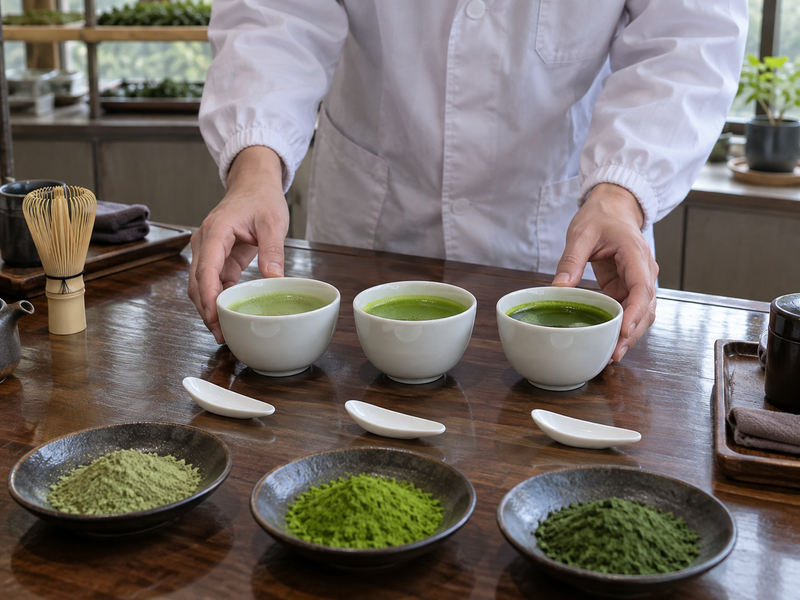 Tea evaluator arranging three matcha tasting cups with sample powders