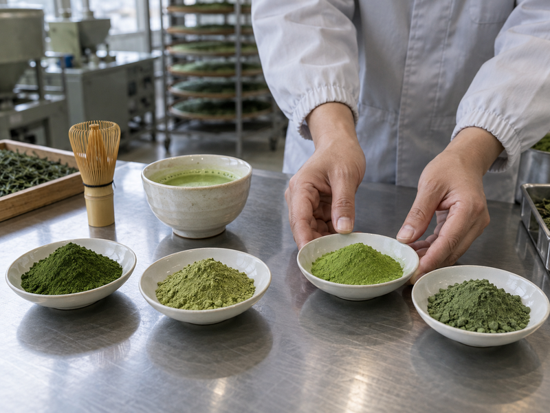 Buyer comparing four matcha powder samples at a factory tasting bench