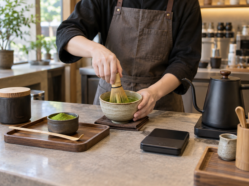 Barista whisking matcha beside a kettle and scale at a café counter