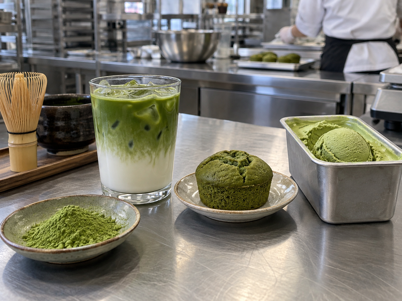 Iced matcha latte, green cake and matcha ice cream in a test kitchen