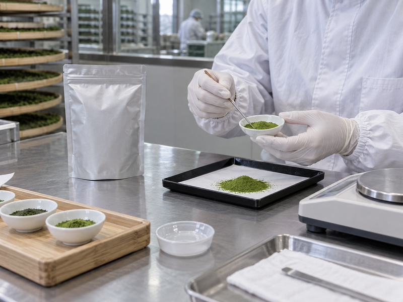Quality technician inspecting matcha powder beside a sealed sample pouch