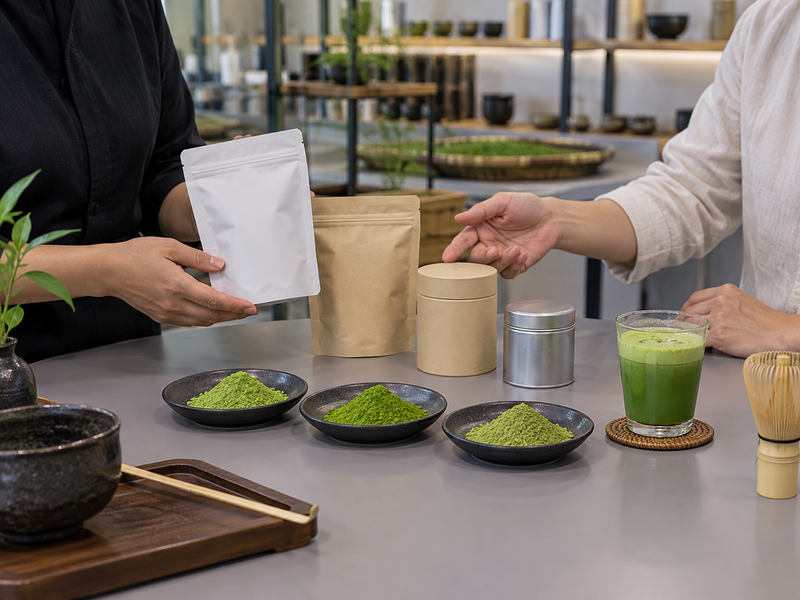 Buyers reviewing matcha samples and plain packaging options together
