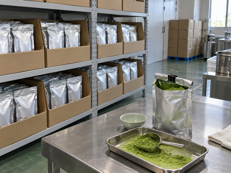 Sealed matcha pouches on warehouse shelves beside an opened work pack