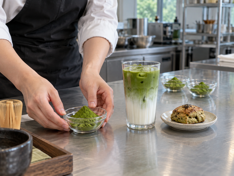 Buyer selecting a matcha sample beside an iced latte and baked item