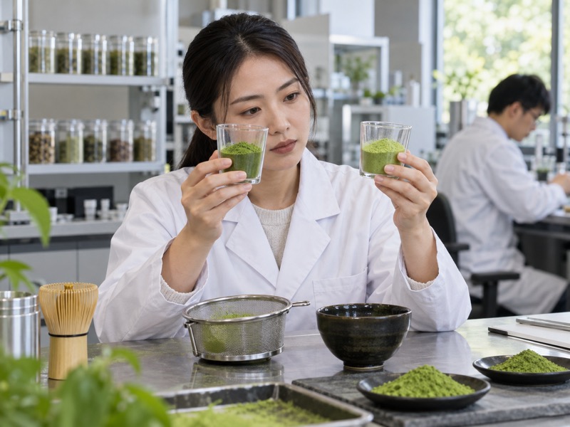 A buyer comparing unlabelled matcha samples in a tea laboratory
