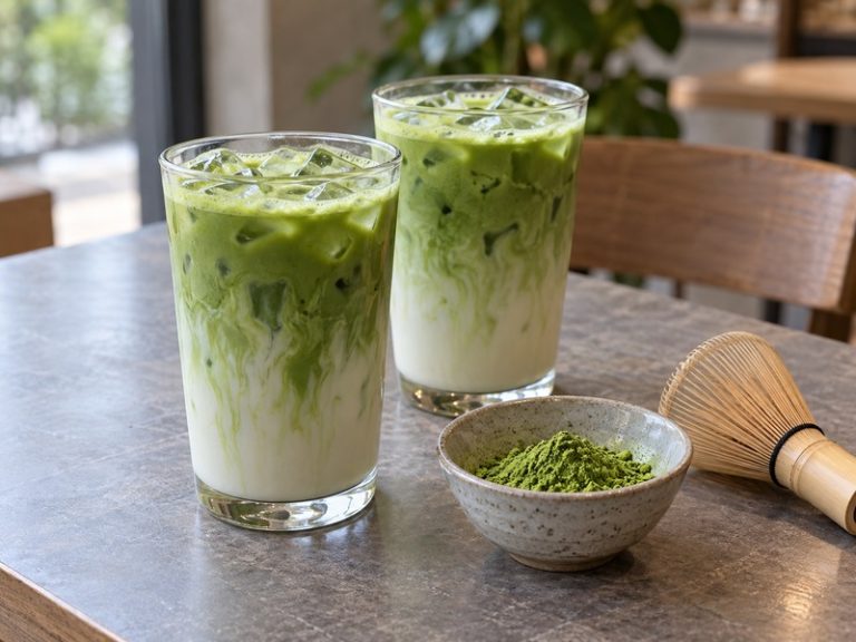 Unbranded iced matcha lattes with a bowl of ground green tea powder