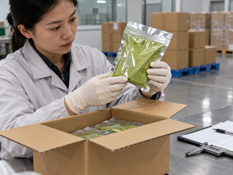 Receiver inspecting a sealed matcha pouch and outer carton