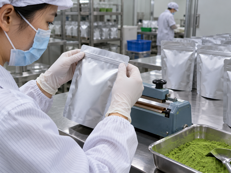 Gloved worker checking the seal of a matcha foil pouch