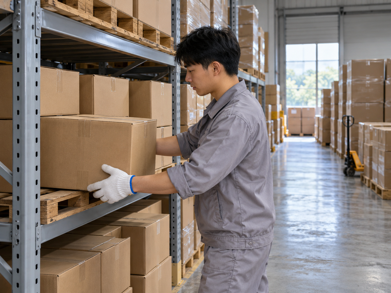 Warehouse worker moving sealed cartons during stock rotation