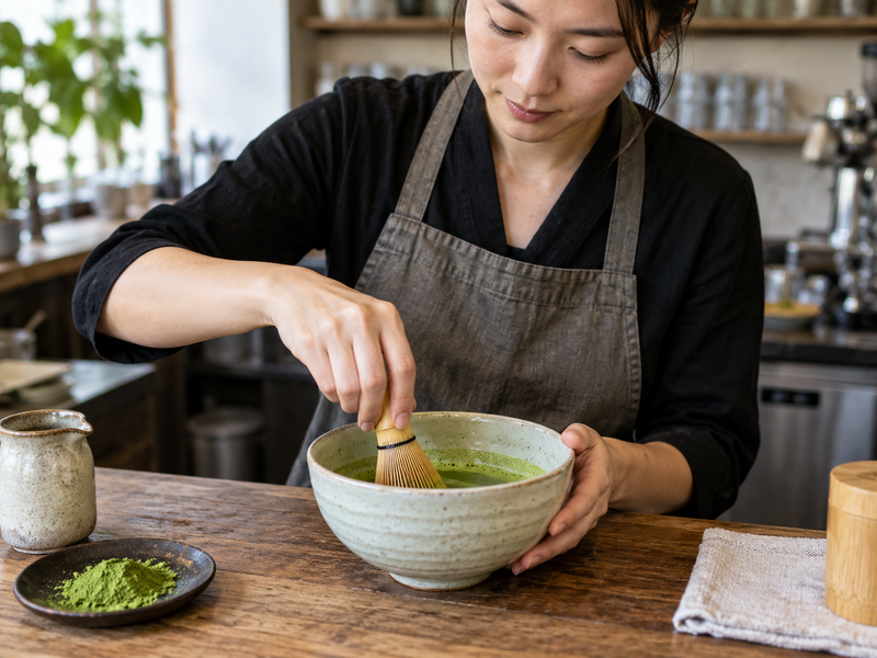 Ceramic Matcha Bowl: A café operator using a bamboo whisk inside a wide ceramic matcha bowl, close view showing ample room between whisk and rim