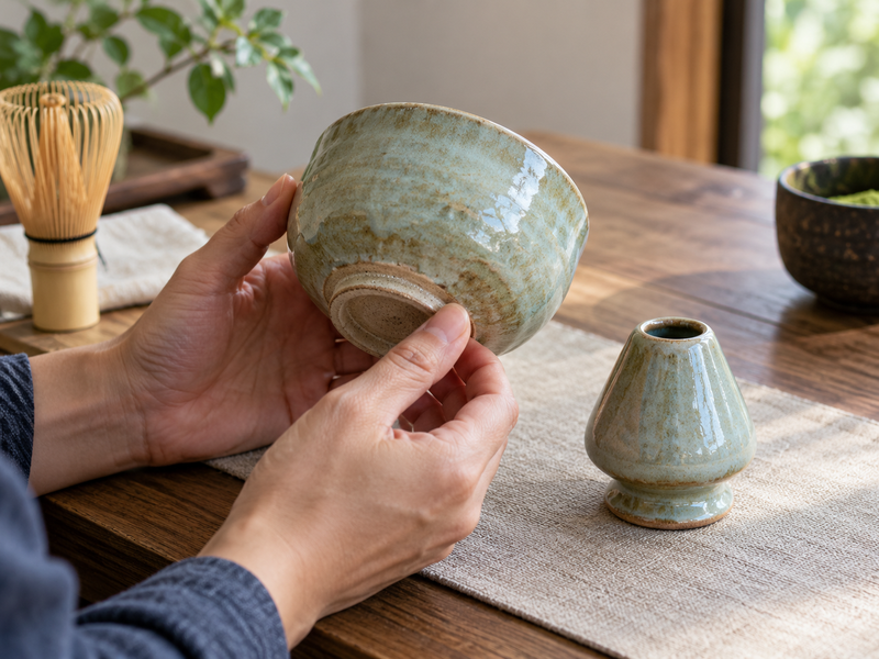 Ceramic Matcha Bowl: A close inspection of a ceramic matcha bowl and ceramic whisk holder from one coordinated set, hands checking glaze and base