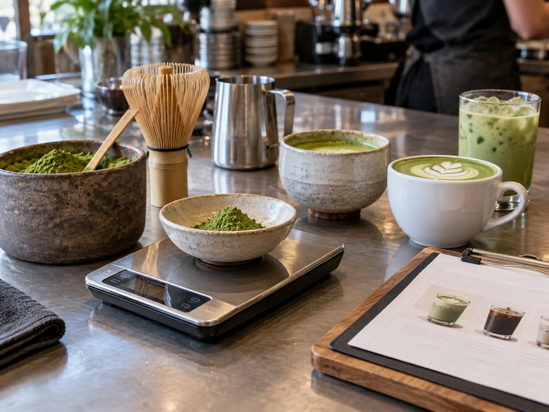 Weighed matcha dose beside a café serving cup