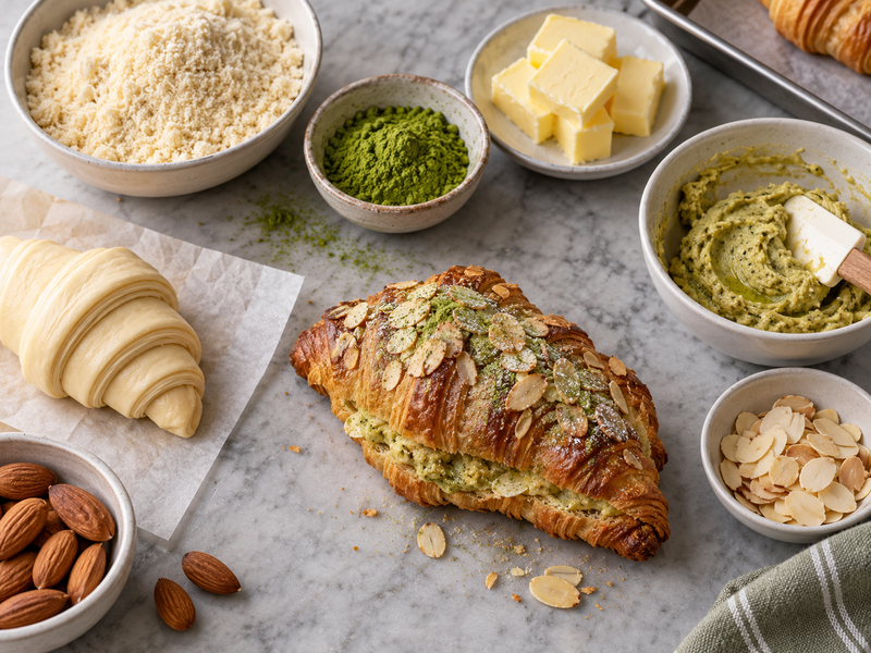 Sliced matcha almond croissant showing contained green frangipane and crisp laminated layers