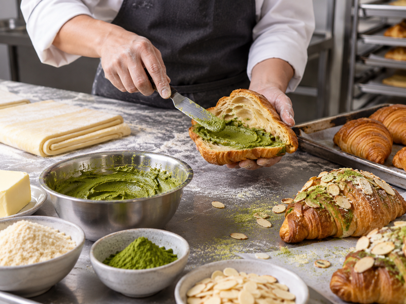 Bakery workstation with two labeled bowls of almond cream and matcha almond cream beside piping bags