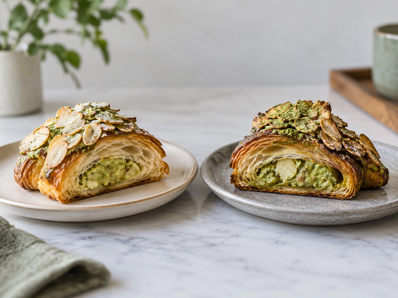 Baker piping measured matcha almond frangipane into open croissants on a tray
