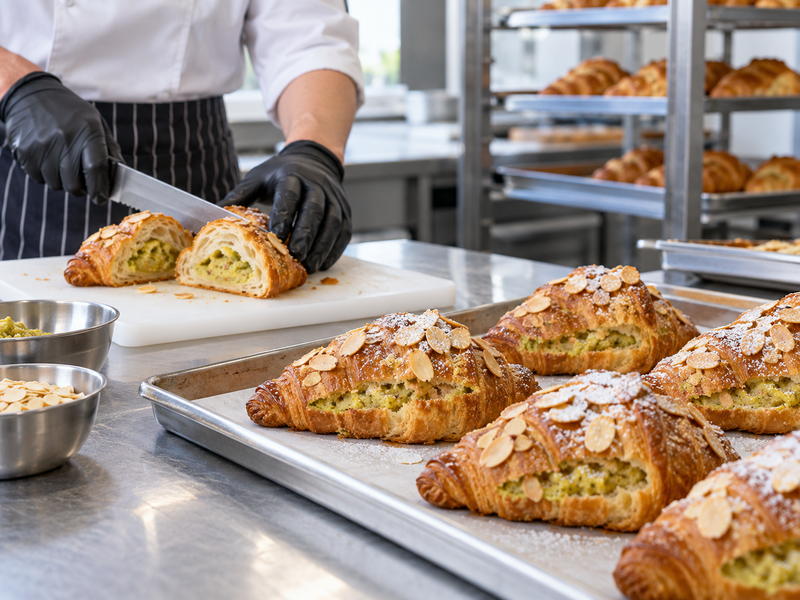 Matcha almond croissants in an unbranded bakery display case with one cut sample showing filling