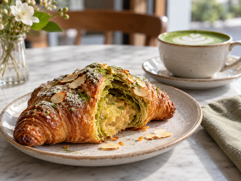 Bakery buyer reviewing batch yield sheet beside weighed matcha powder and finished croissants