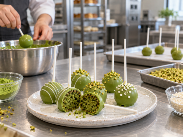 Finished green matcha cake pops with a cut center on a commercial bakery plate