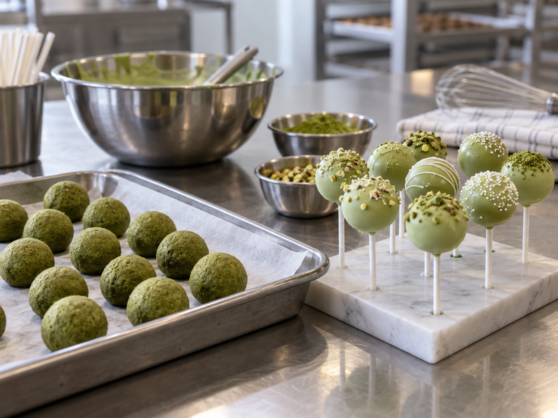 Matcha cake pop formats on a commercial bakery bench