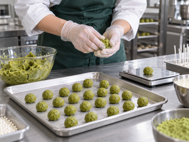 Uniform cake pop centers portioned in a commercial bakery