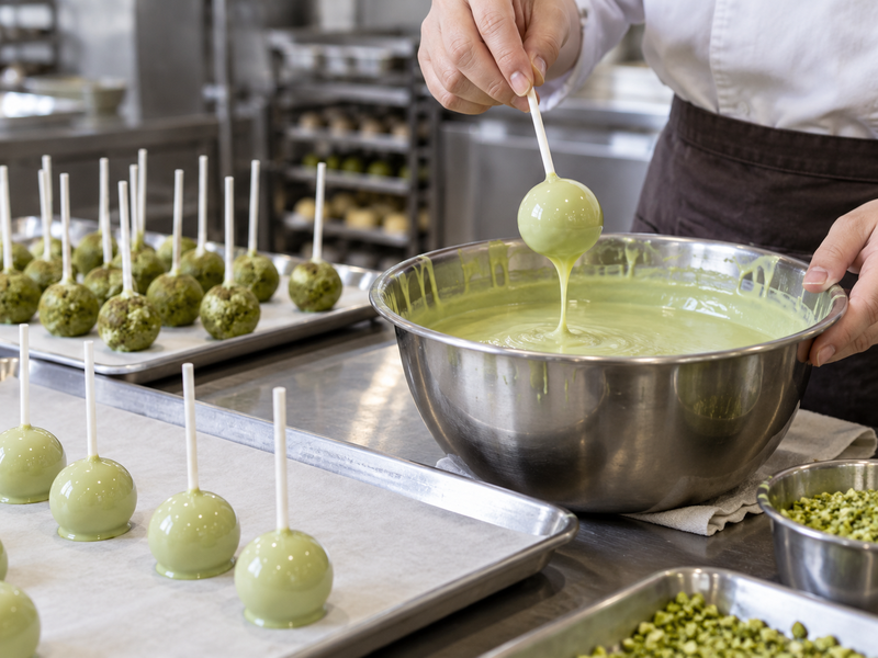 Finished cake pops on a bakery holding tray for inspection