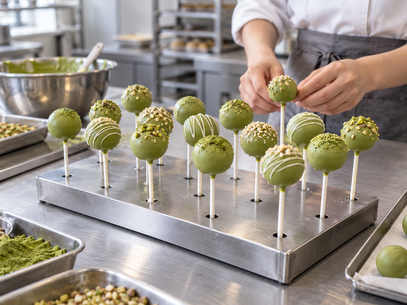 Finished cake pops and matcha sample at a bakery review bench