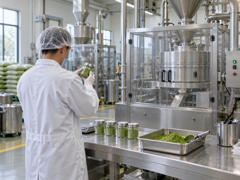 Quality technician at a matcha factory processing line