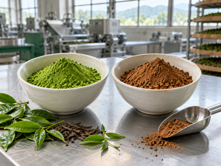 Matcha and hojicha tea powders side by side at a tea production facility