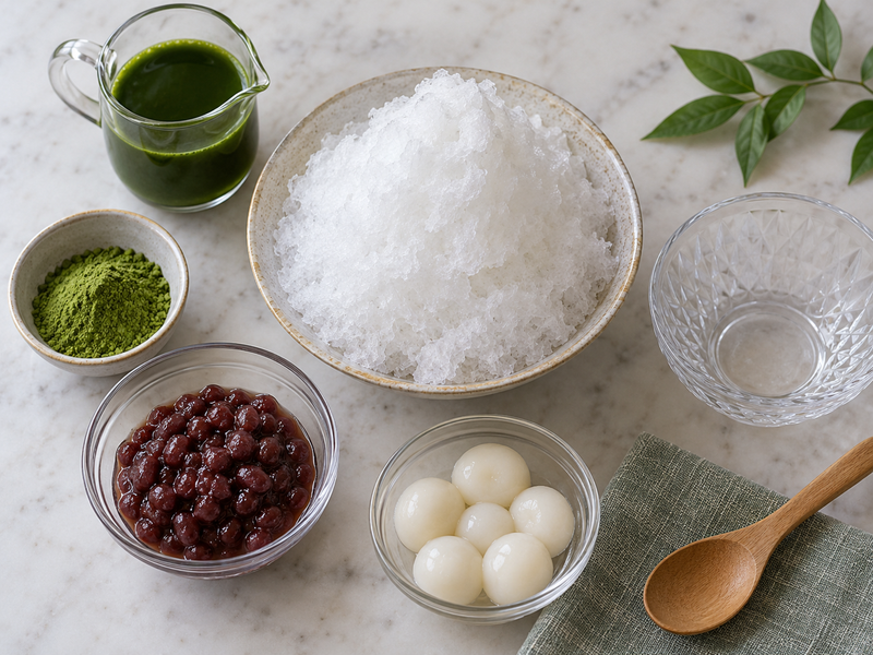 Fresh matcha kakigori with fine shaved ice, azuki and measured green syrup in a café bowl
