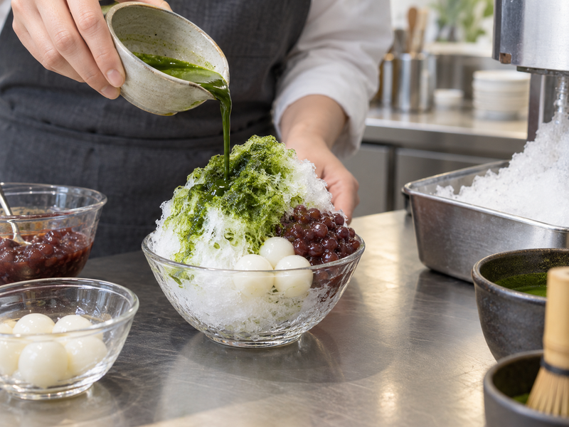 Café cook whisking sifted matcha into measured syrup beside trial squeeze bottles