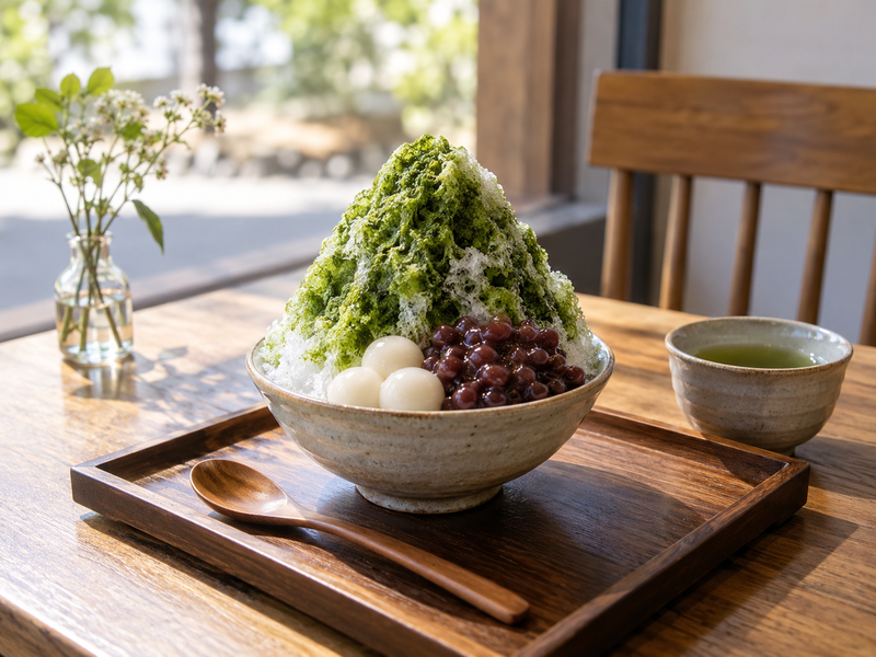 Café manager weighing finished kakigori portions and recording syrup use on a batch sheet