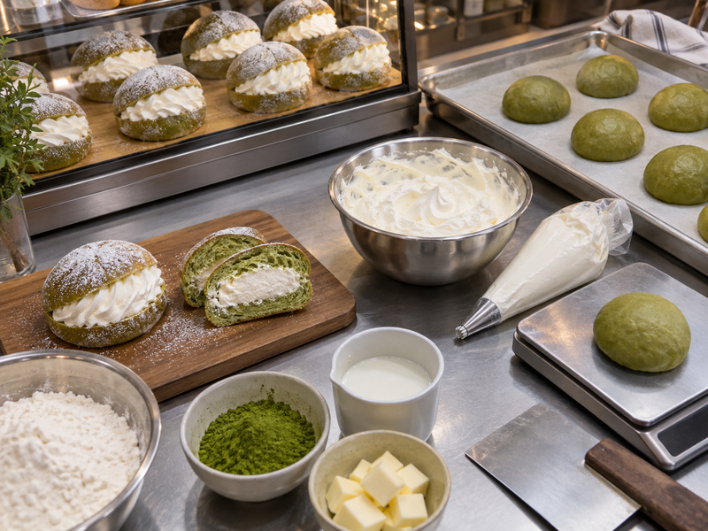 Whole and split matcha maritozzi beside a bakery specification card