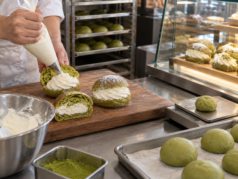 Measured matcha powder beside three bun and cream trial variations