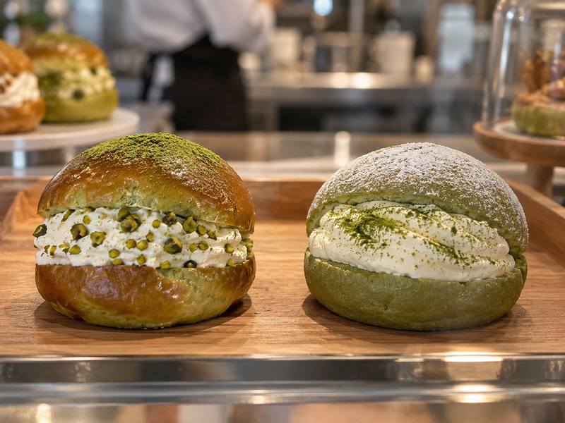 Baker cutting a controlled hinge into cooled matcha maritozzi