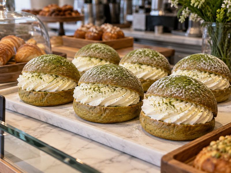 Labeled cream-filled buns in a chilled pastry case with time log