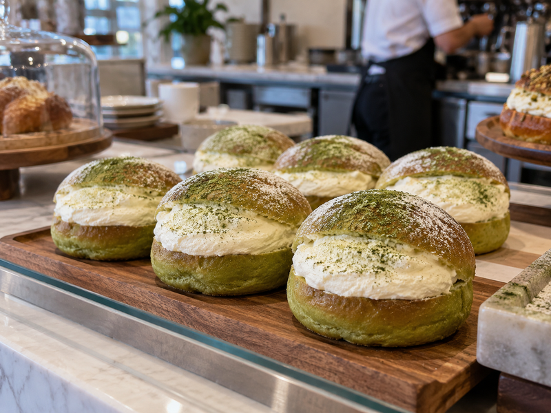 Ingredient specifications and cold-service record next to matcha maritozzi