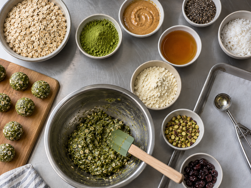 Café staff compare formed matcha protein bites against a portion standard